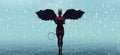 Red Devil Woman Fallen Angel with Horns Black Wings in Black Standing in Water and Floating White Crosses Royalty Free Stock Photo