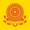 Red dharmachakra wheel of dhamma on lotus petals sign on yellow background vector design