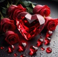 Red diamond in the shape of a heart with red roses on a black background in water drops Royalty Free Stock Photo