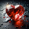 Red diamond in the shape of a heart with red roses on a black background in water drops Royalty Free Stock Photo