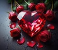 Red diamond in the shape of a heart with red roses on a black background in water drops Royalty Free Stock Photo