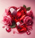 Red diamond in the shape of a heart with red roses on a black background in water drops Royalty Free Stock Photo