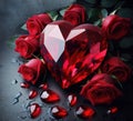 Red diamond in the shape of a heart with red roses on a black background in water drops Royalty Free Stock Photo