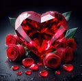 Red diamond in the shape of a heart with red roses on a black background in water drops Royalty Free Stock Photo