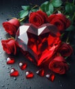 Red diamond in the shape of a heart with red roses on a black background in water drops Royalty Free Stock Photo