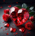 Red diamond in the shape of a heart with red roses on a black background in water drops Royalty Free Stock Photo