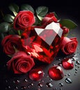 Red diamond in the shape of a heart with red roses on a black background in water drops Royalty Free Stock Photo
