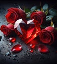 Red diamond in the shape of a heart with red roses on a black background in water drops Royalty Free Stock Photo