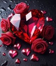 Red diamond in the shape of a heart with red roses on a black background in water drops Royalty Free Stock Photo
