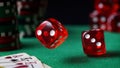 Red dice, casino chips, cards on green felt Royalty Free Stock Photo