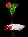 Red dice and a cocktail glass on black background. casino series Royalty Free Stock Photo