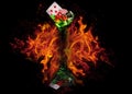 Red dice in a cocktail glass on Fire background. casino series Royalty Free Stock Photo