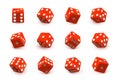 Red dice cubes for gambling set. Casino craps and playing games vector illustration. Poker cubes rolling and throwing