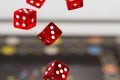 Red dice on dark background, concept of risk, gambling and chance. Royalty Free Stock Photo