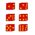 Red dice depicted with six sides. Illustration of red dice isolation on white background. Vector illustration.