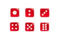 red dice with different numbers on white background