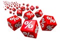Red dice with percentage signs floating on white background