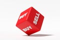Red dice rolling with the options or choices to buy and to sell. Decision making on buying or selling Royalty Free Stock Photo