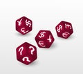 Red dices with symbols of euro, dollar, pound, yuan, yen and question. Vector illustration.