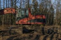 Red digger near old pond in clay near Stara Hlina south Bohemia village Royalty Free Stock Photo