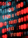Red digital binary code glowing on a dark blue background representing computer data transmission and advanced technology in a Royalty Free Stock Photo