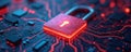 Red digital lock icon glows on circuit board. Data encryption and network security concept with glowing lines and chips. Secure Royalty Free Stock Photo