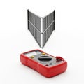 Red Digital Multimeter and V- Shaped Array of Vertical Black and White Lines on White Background Royalty Free Stock Photo