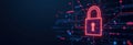 Red digital padlock protecting data in cyberspace with copy space