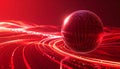 Red digital sphere with binary code and swirling light trails on a dark background with reflections Royalty Free Stock Photo