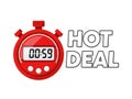 Red digital stopwatch with 00:59 and hot deal text isolated on white background Royalty Free Stock Photo