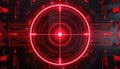 Red digital targeting interface with circuitry patterns. Futuristic circular scanner displays crosshair over complex tech system. Royalty Free Stock Photo