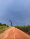 Red dirt road in the interior with green vegetation on the sides and some trees, the blue sky stands out for its beautiful color Royalty Free Stock Photo