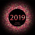 Red discoball New Year 2019 greeting poster. Happy New Year circle disc with particle. Glitter gray dot pattern. Vector