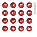 Red discount stickers set with sale percents numbers. From ten to eighty five