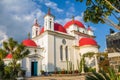 The red-domed Greek Orthodox church of the Twelve Apostles near the shore of the Sea of Galilee at Capernaum, Israel Royalty Free Stock Photo