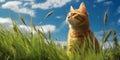 Red domestic cat sitting in grass. Garden nature outdoor pet active holiday. Fluffy furry cat sunny weather blue summer