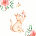 Red domestic Sitting cat with butterly and flowers card. Cute Cats kitty catching butterflies. Watercolor hand drawn illustration Royalty Free Stock Photo