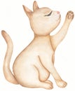 Red domestic Sitting cat . Cute kitty picture. Watercolor hand drawn illustration