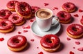 Red Donuts, Coffee, and heart confetti. Royalty Free Stock Photo