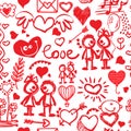 Red doodle lines hand drawn love hearts and different valentine day romantic symbols signs seamless pattern . Vector drawing Love Royalty Free Stock Photo