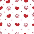 Red doodle paw print with hearts. Happy Valentine`s day, Mother`s Day seamless fabric design pattern background vector Royalty Free Stock Photo
