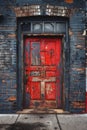 A red door on a building with peeling paint and bricks, AI Royalty Free Stock Photo