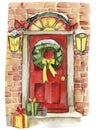 Red door with light and Christmas wreath. Watercolor Christmas hand drawn illustration for cards, backgrounds, scrapbooking and Royalty Free Stock Photo