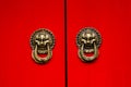 Red Door Ornate Dragon Brass Knockers Houhai Lake Beijing, China Royalty Free Stock Photo