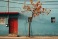 a red door and a tree in front of a blue building Royalty Free Stock Photo