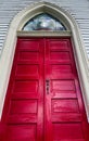 Red door of the Venango United Methodist Church, Venango, Pennsylvania