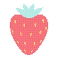 Red dot pixel strawberry. Sweet berry with yellow seeds and green tail.