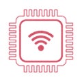 Red dotted line icon of a computer processor chip with a wireless wifi signal symbol inside Royalty Free Stock Photo
