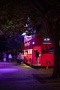 Red Double Decker Bus Frozen Yogurt cafe, at night Royalty Free Stock Photo