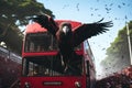 Red double decker bus in Kuala Lumpur, Flamengo fans following their bus. Huge vulture, AI Generated